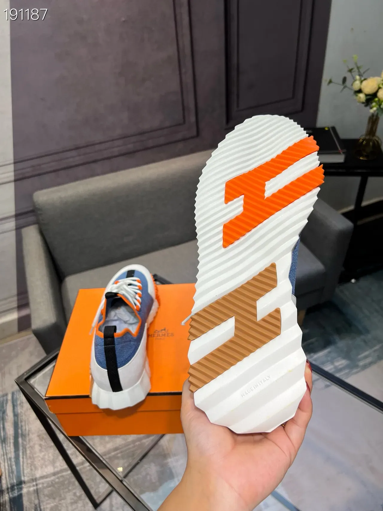 Blue Orange Denim-Knit Upper Contrast Piping Sneakers 3