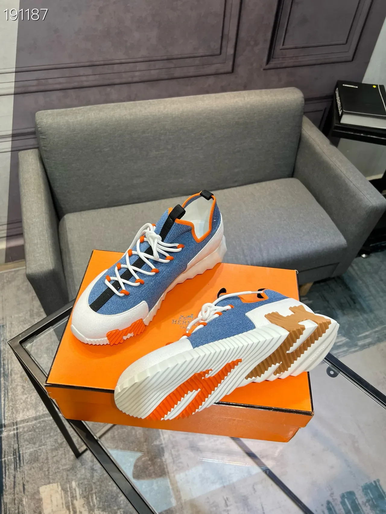 Blue Orange Denim-Knit Upper Contrast Piping Sneakers 4
