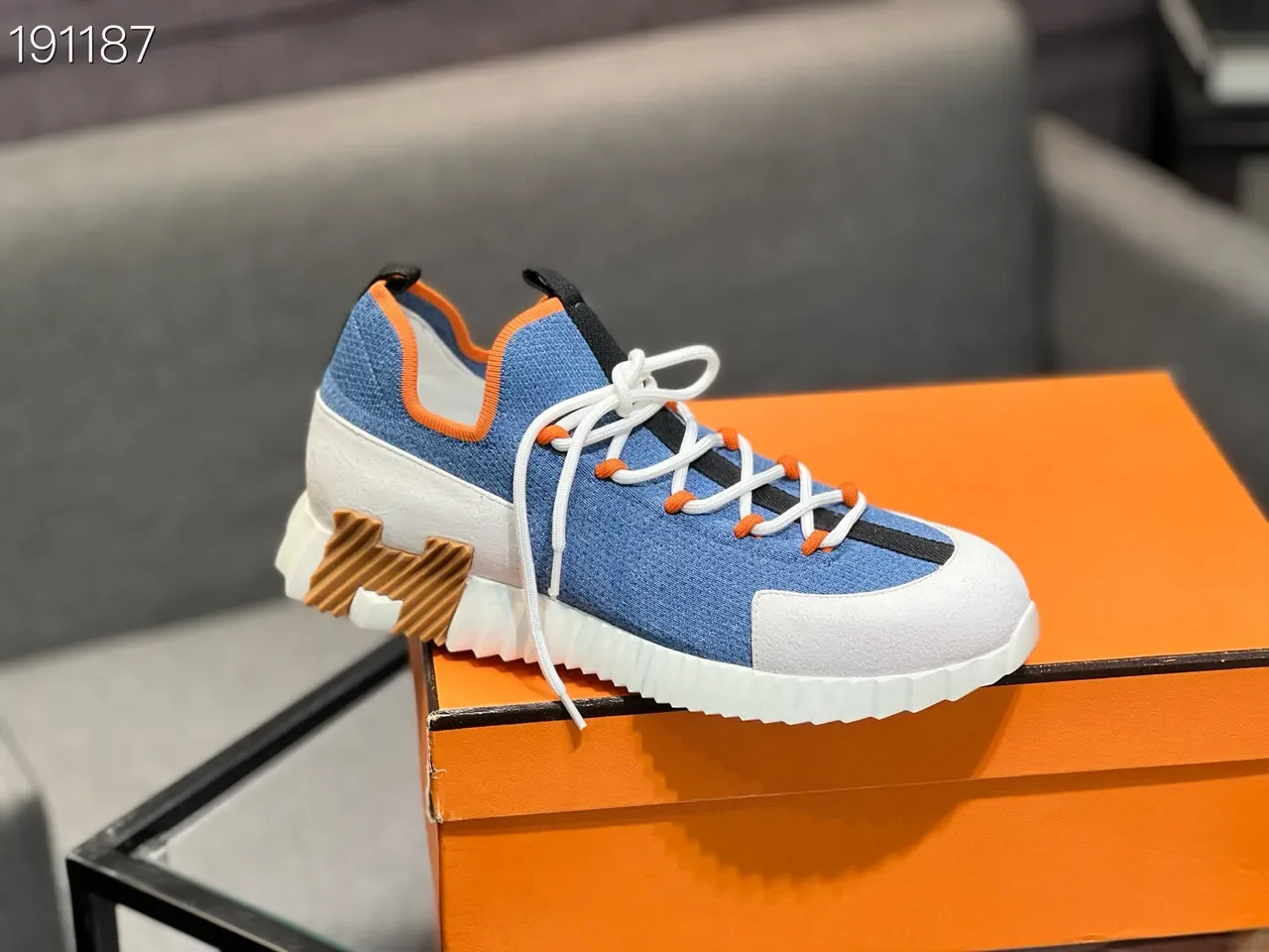 Blue Orange Denim-Knit Upper Contrast Piping Sneakers 5