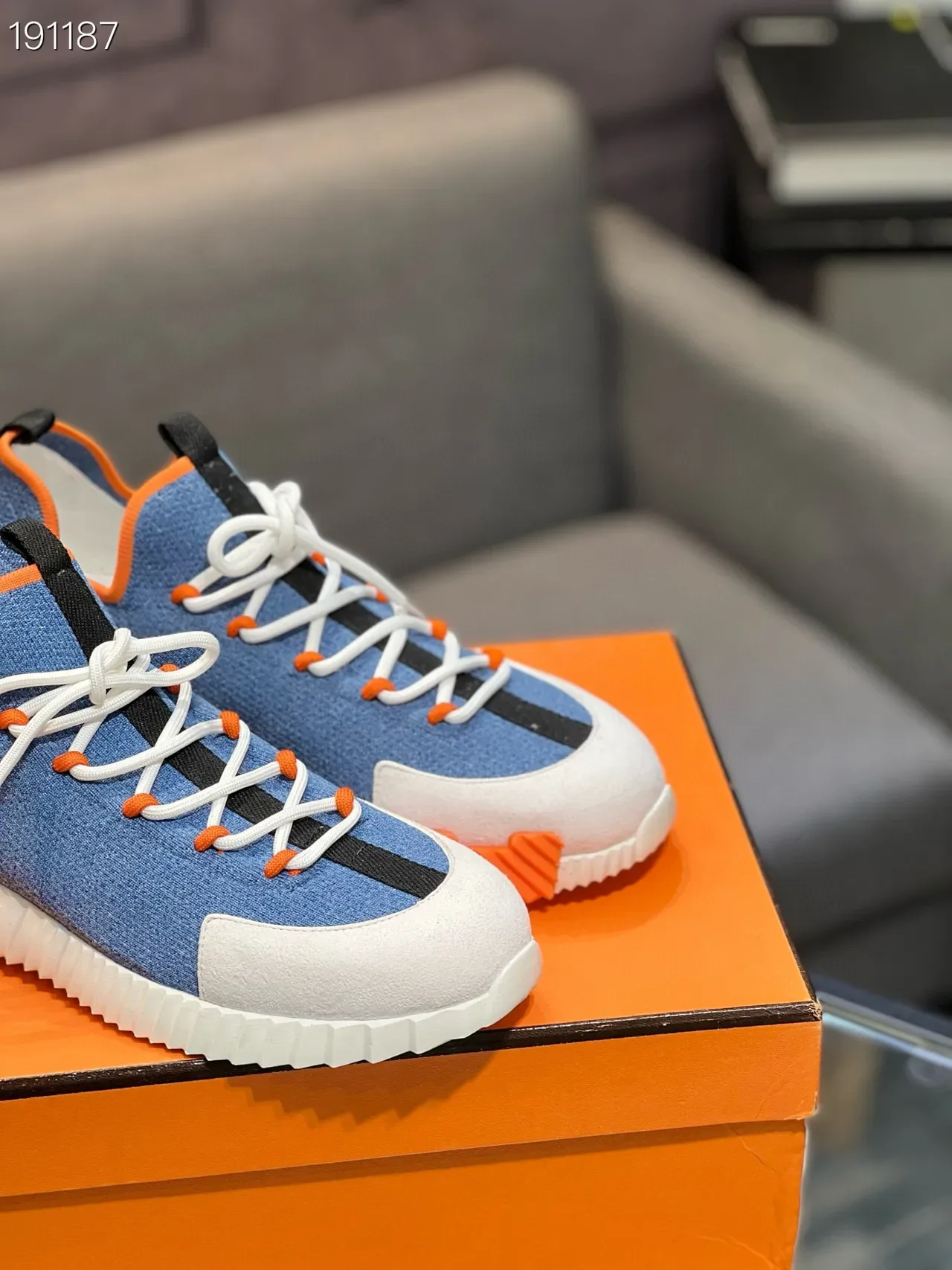 Blue Orange Denim-Knit Upper Contrast Piping Sneakers 6