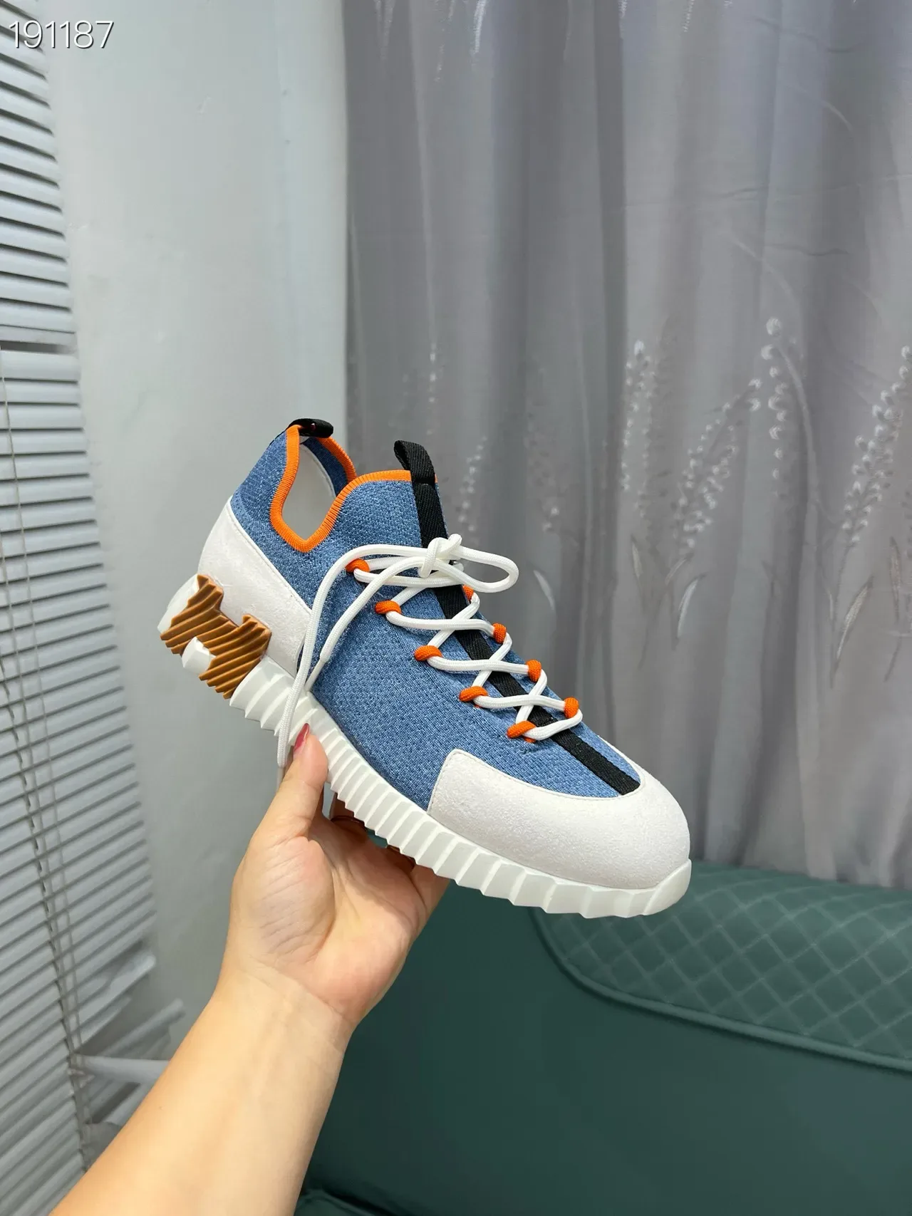 Blue Orange Denim-Knit Upper Contrast Piping Sneakers 7
