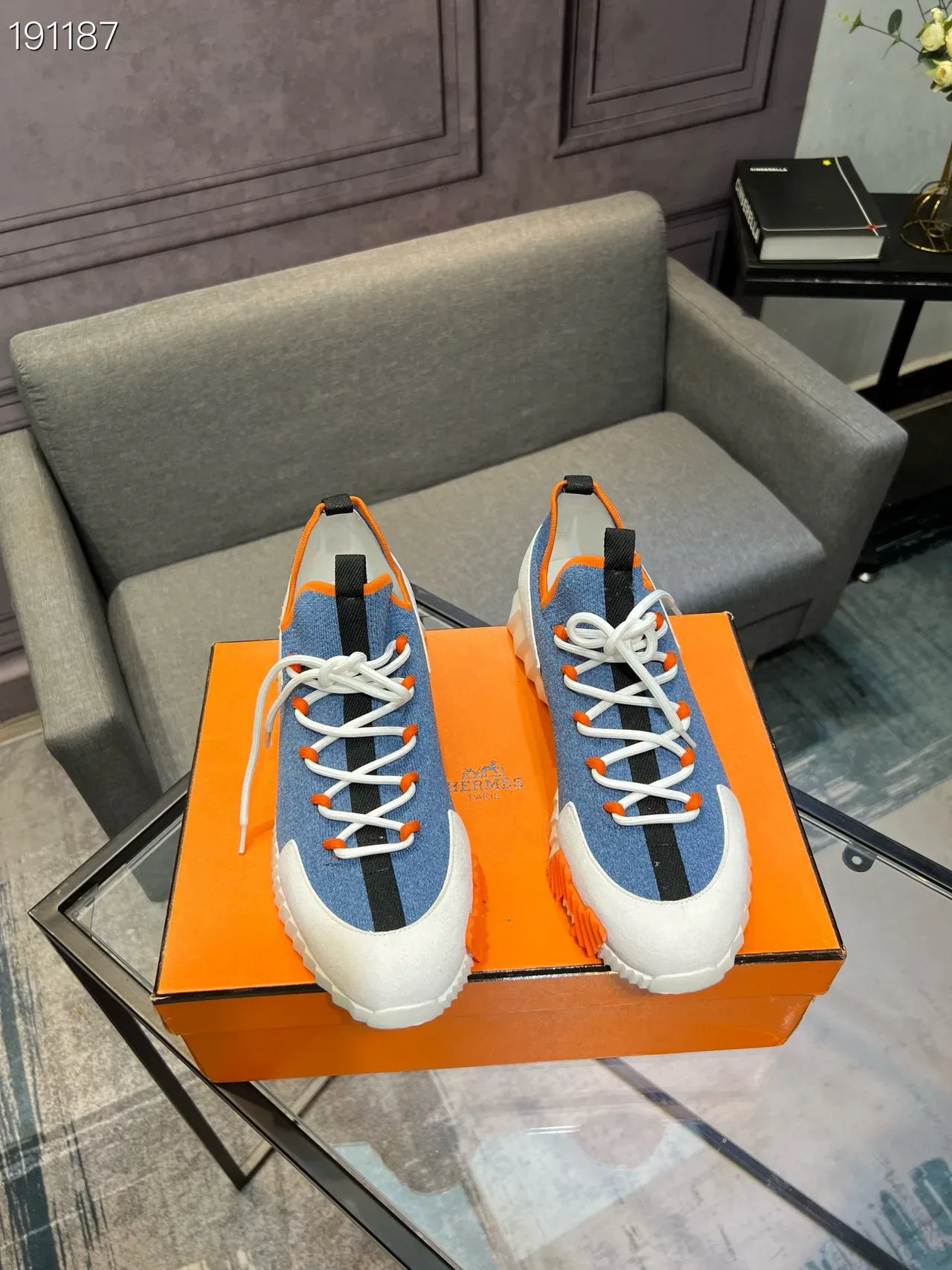 Blue Orange Denim-Knit Upper Contrast Piping Sneakers 8