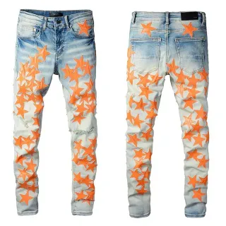 Blue Orange Light-Wash Distressed Denim Star Appliqué Pattern Jeans