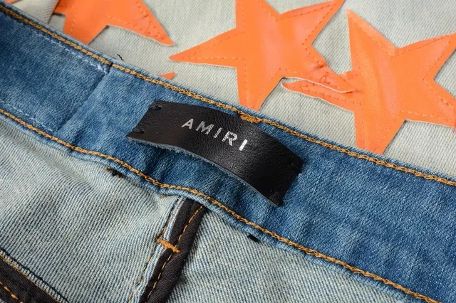 Blue Orange Light-Wash Distressed Denim Star Appliqué Pattern Jeans 2