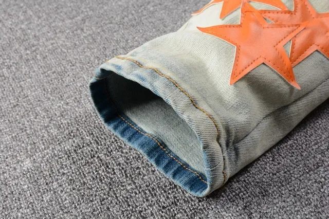 Blue Orange Light-Wash Distressed Denim Star Appliqué Pattern Jeans 3