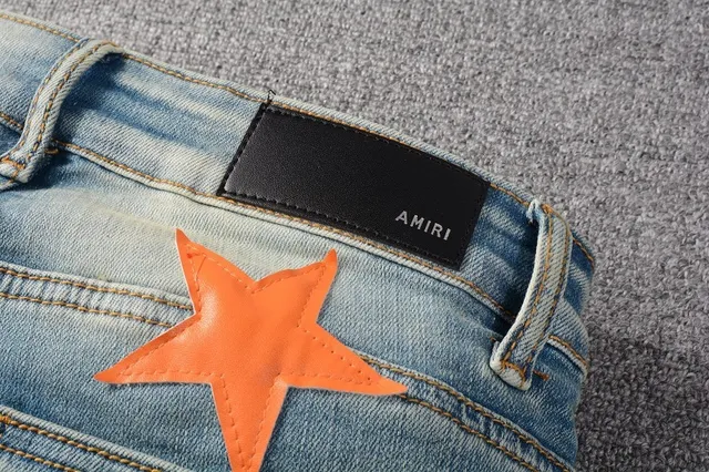 Blue Orange Light-Wash Distressed Denim Star Appliqué Pattern Jeans 4
