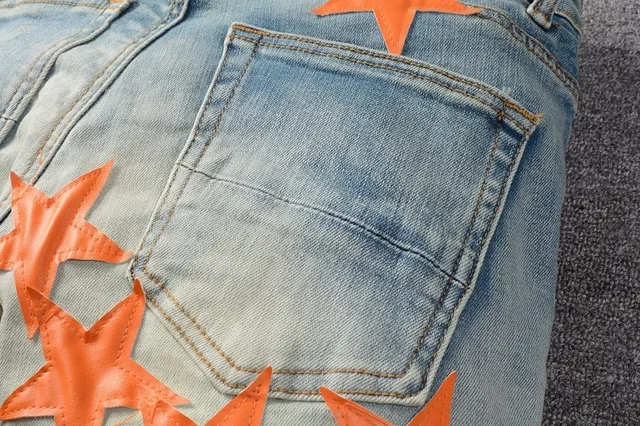 Blue Orange Light-Wash Distressed Denim Star Appliqué Pattern Jeans 5