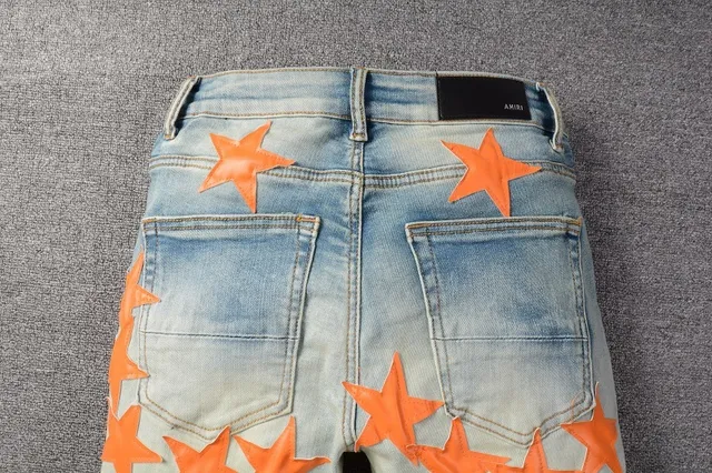 Blue Orange Light-Wash Distressed Denim Star Appliqué Pattern Jeans 6