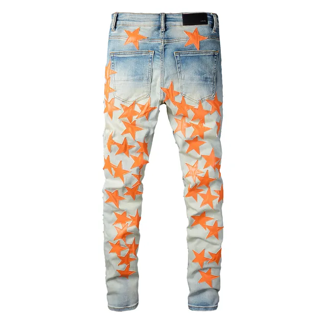 Blue Orange Light-Wash Distressed Denim Star Appliqué Pattern Jeans 7