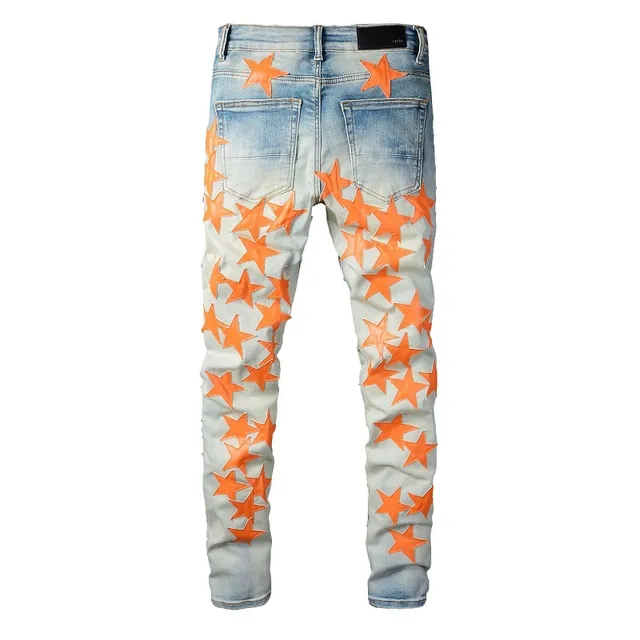 Blue Orange Light-Wash Distressed Denim Star Appliqué Pattern Jeans 8