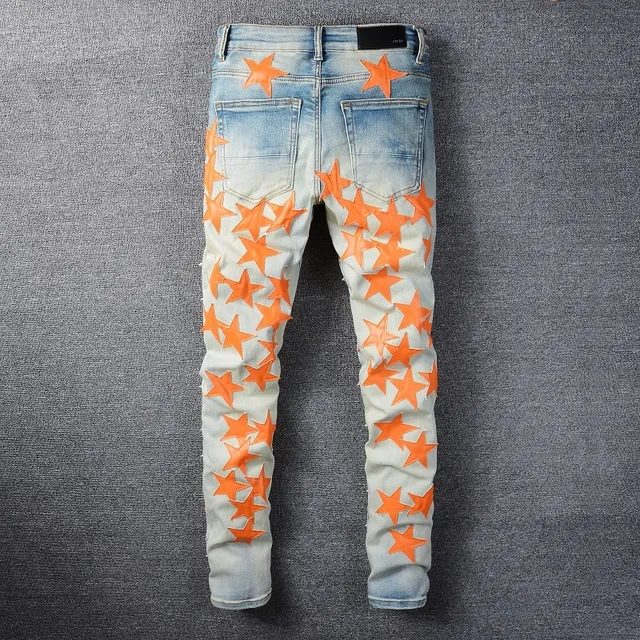 Blue Orange Light-Wash Distressed Denim Star Appliqué Pattern Jeans 9
