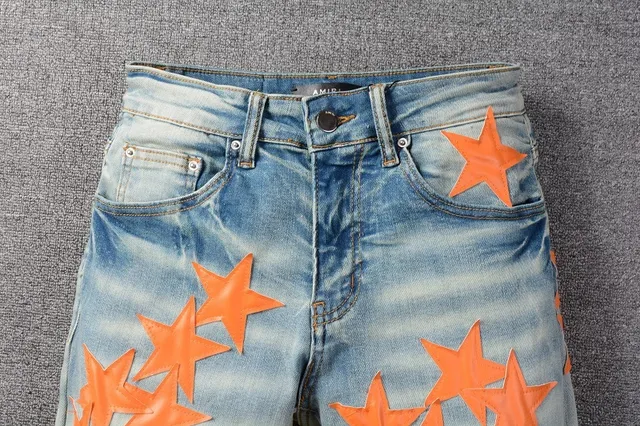 Blue Orange Light-Wash Distressed Denim Star Appliqué Pattern Jeans 13