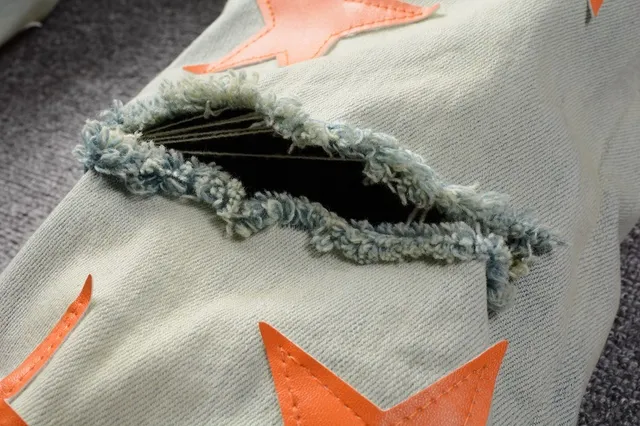 Blue Orange Light-Wash Distressed Denim Star Appliqué Pattern Jeans 14