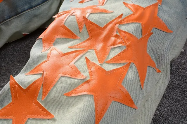 Blue Orange Light-Wash Distressed Denim Star Appliqué Pattern Jeans 15