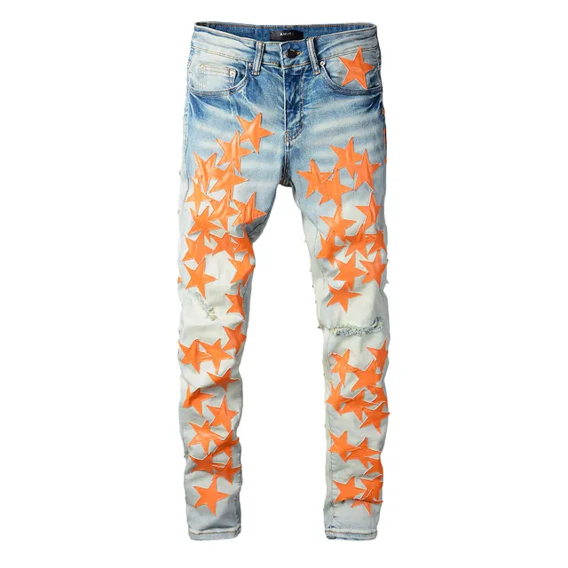 Blue Orange Light-Wash Distressed Denim Star Appliqué Pattern Jeans 16