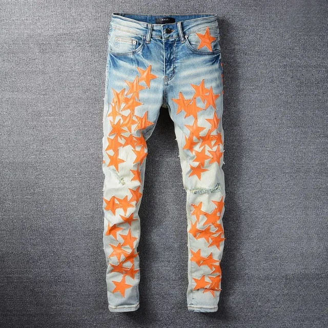 Blue Orange Light-Wash Distressed Denim Star Appliqué Pattern Jeans 18