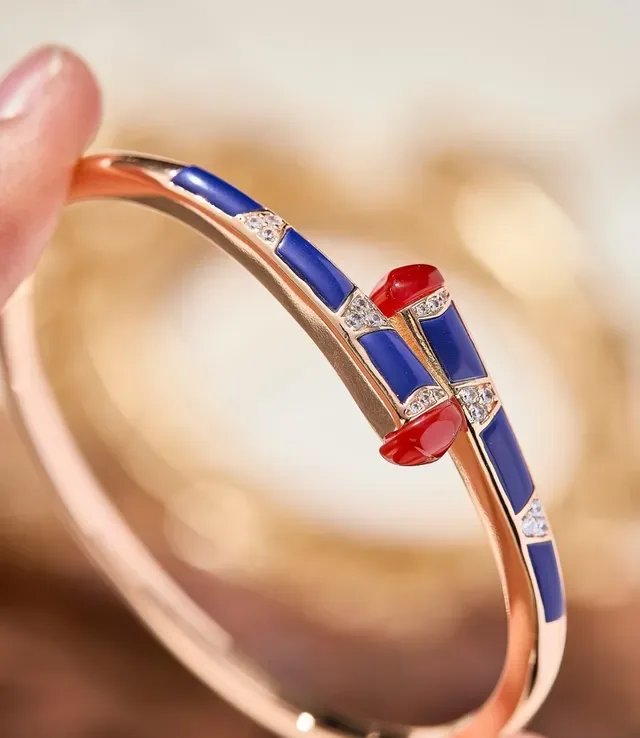Blue Red Enamel-Inlaid Pavé-Set Bracelet 5