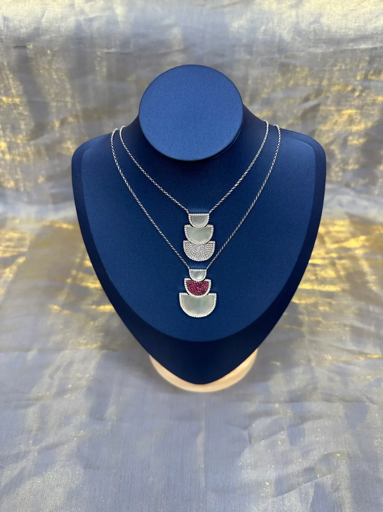 Blue Red Multi-Tiered Fan-Shaped Pendant Pavé-Set Gemstones Necklace 9