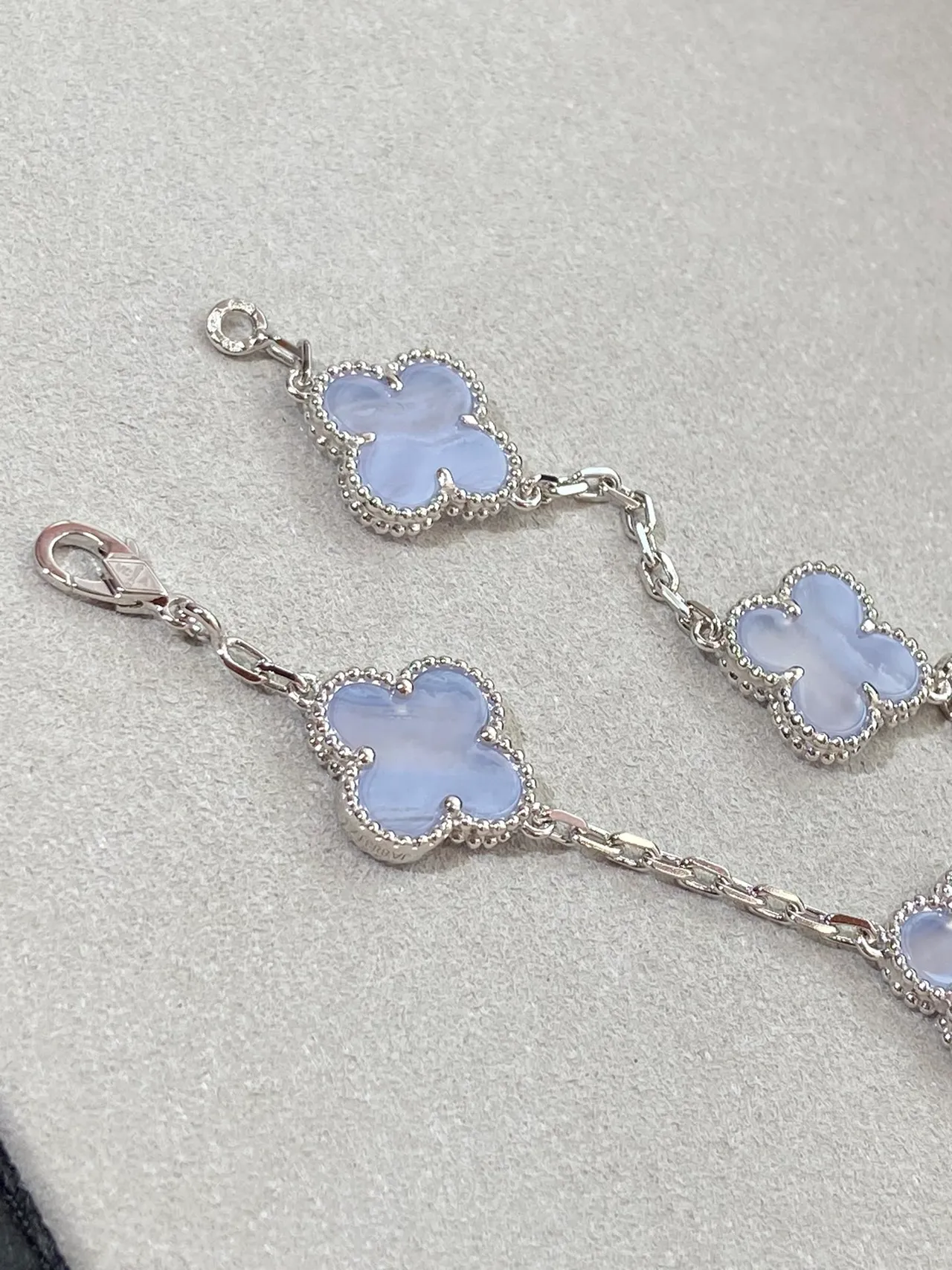Blue Silver Clover-Link Beaded Bezel Bracelet 6