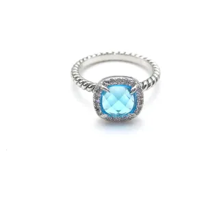 Blue Silver Cushion-Cut Central Stone Pave Halo Ring