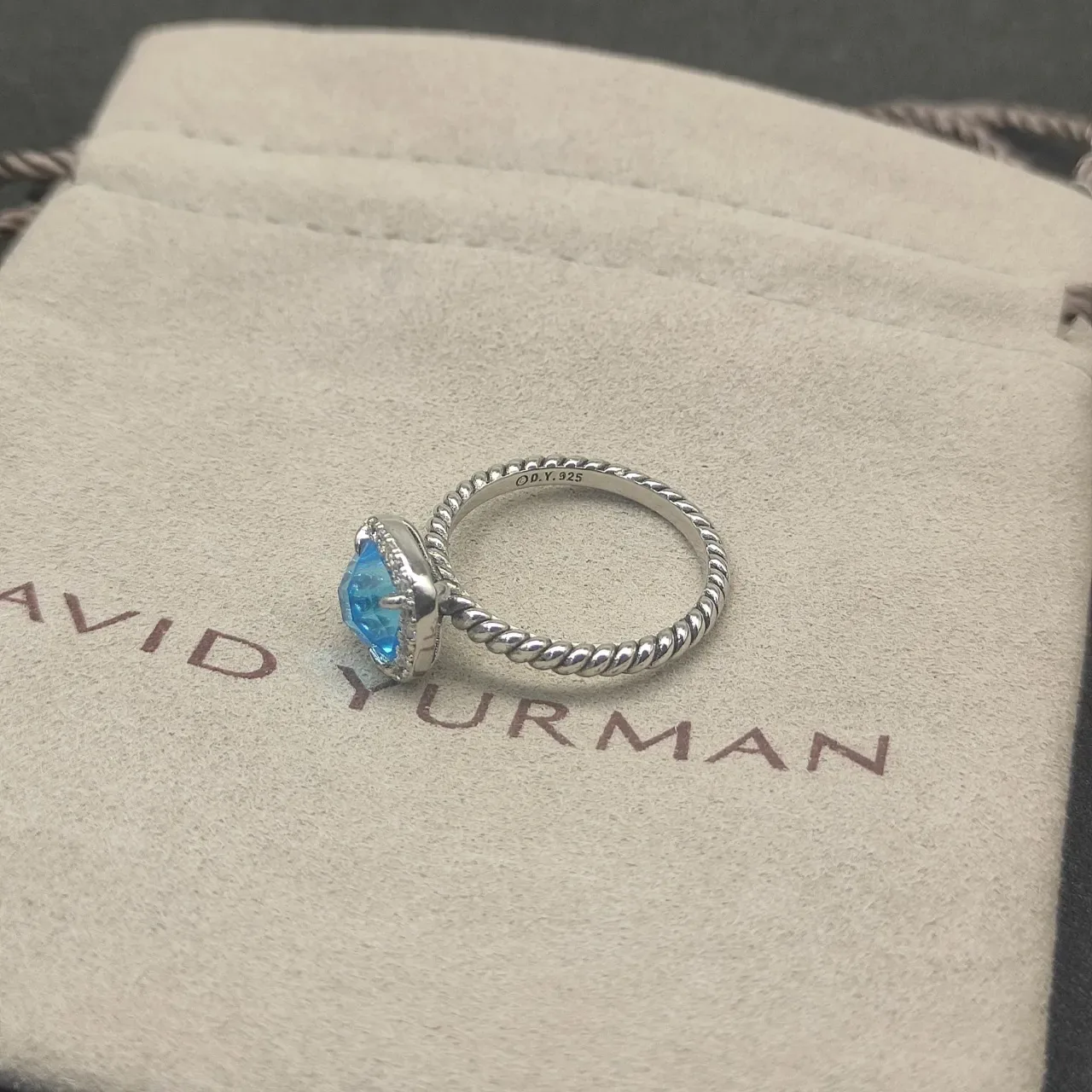 Blue Silver Cushion-Cut Central Stone Pave Halo Ring 4