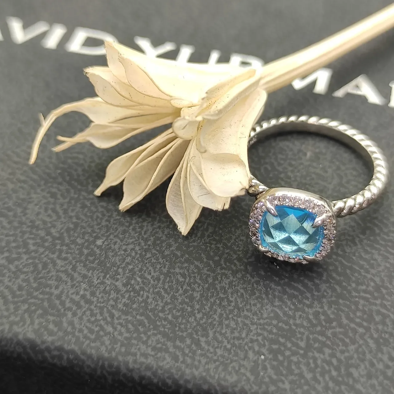 Blue Silver Cushion-Cut Central Stone Pave Halo Ring 5