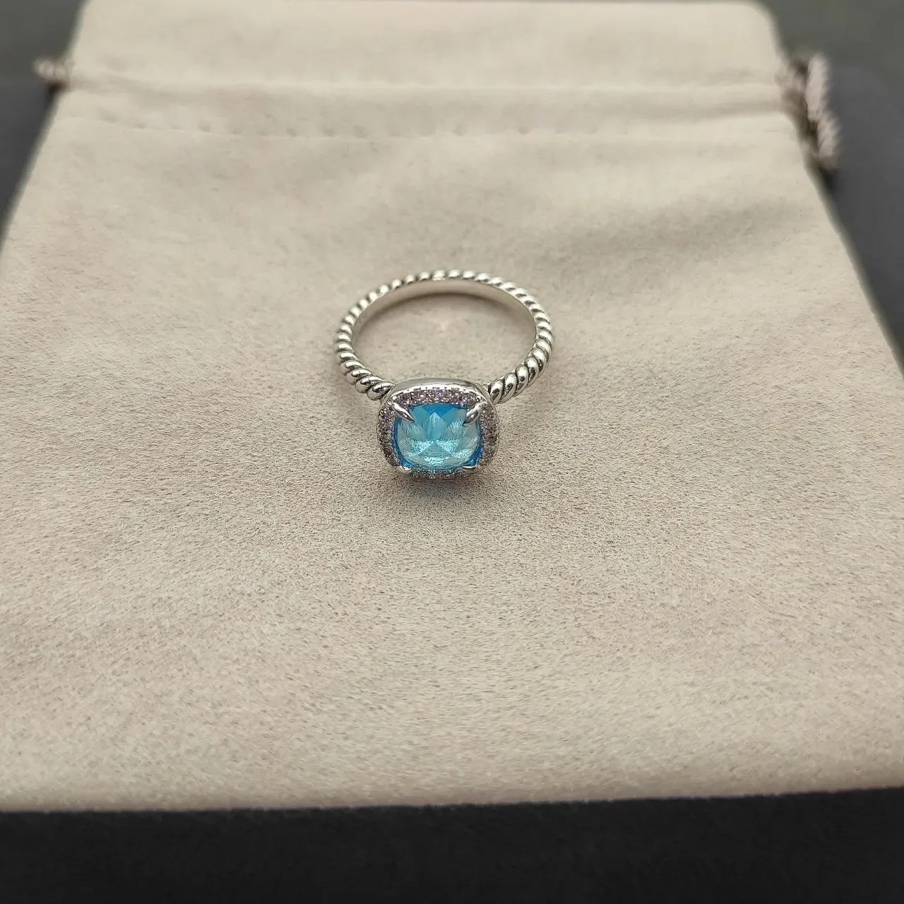 Blue Silver Cushion-Cut Central Stone Pave Halo Ring 6