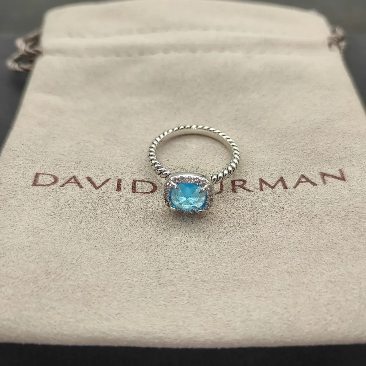Blue Silver Cushion-Cut Central Stone Pave Halo Ring 7
