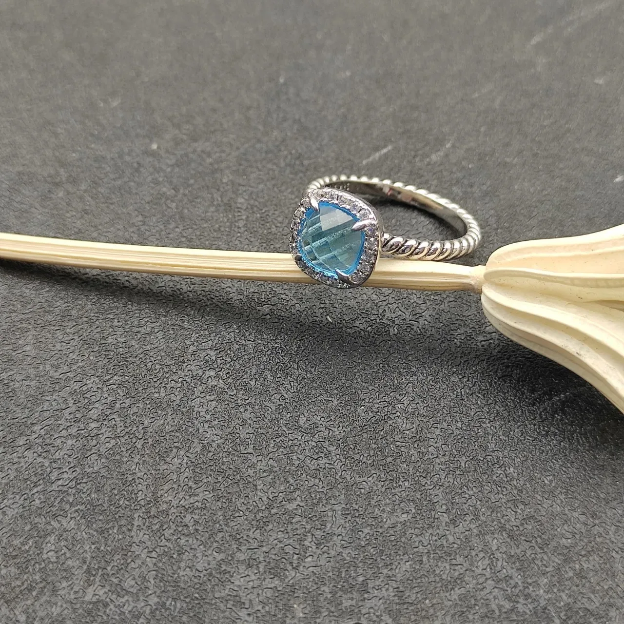 Blue Silver Cushion-Cut Central Stone Pave Halo Ring 8