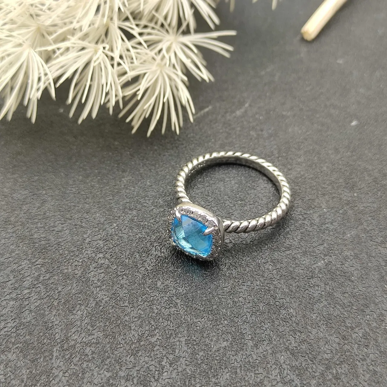 Blue Silver Cushion-Cut Central Stone Pave Halo Ring 9