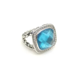 Blue Silver Cushion-Cut Stone Pave Halo Ring