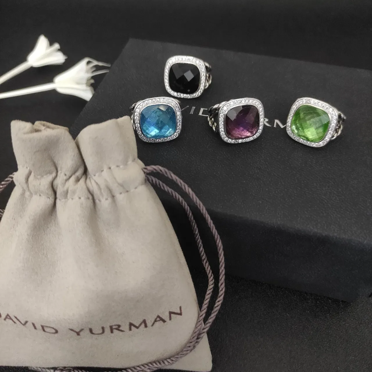 Blue Silver Cushion-Cut Stone Pave Halo Ring 5