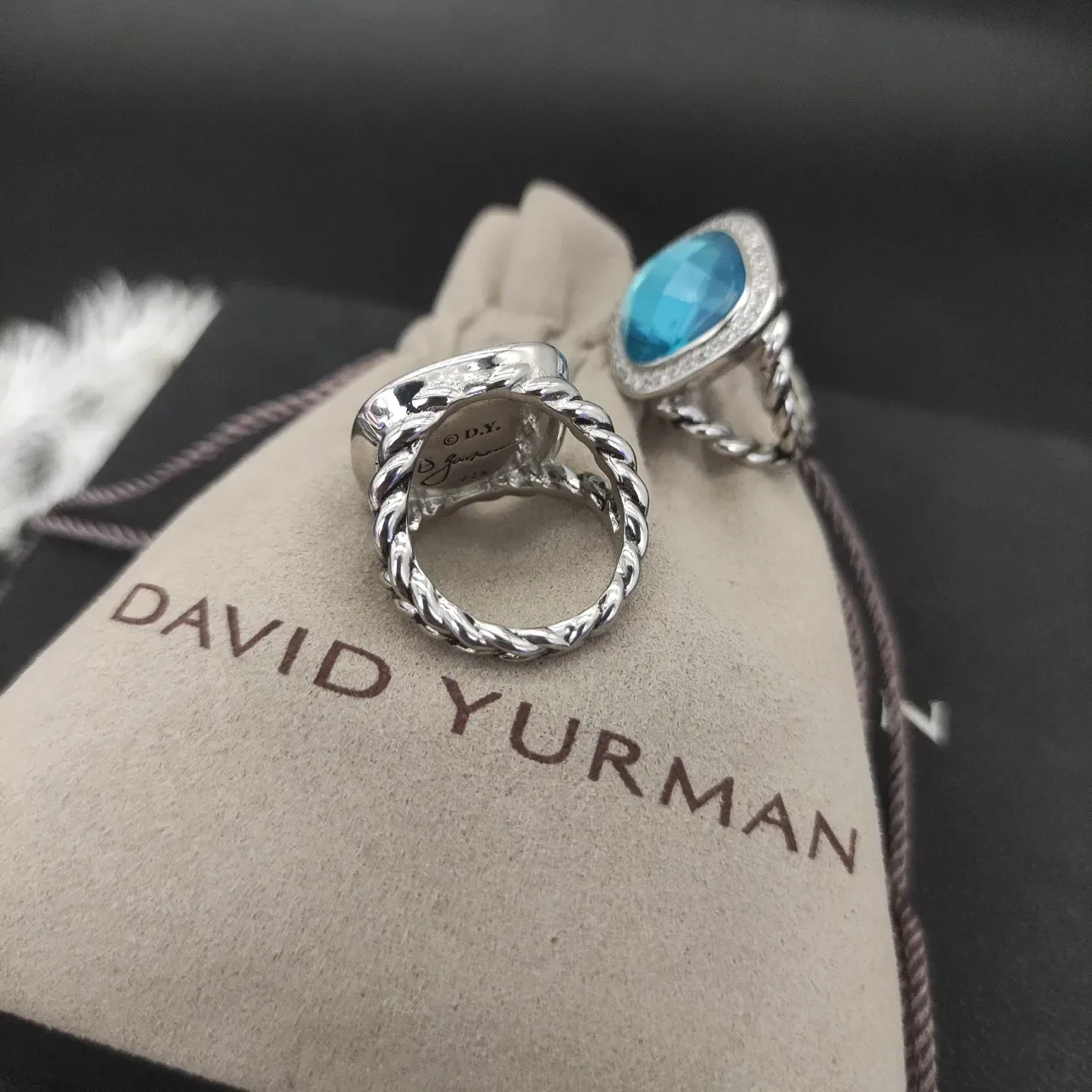 Blue Silver Cushion-Cut Stone Pave Halo Ring 7