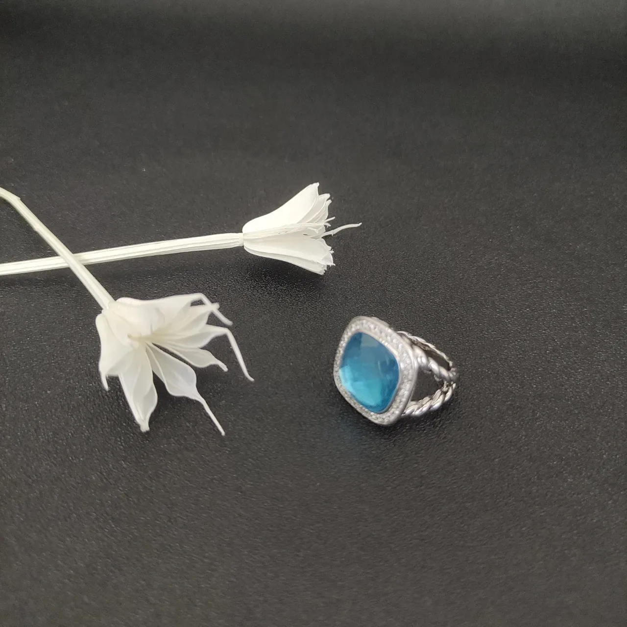 Blue Silver Cushion-Cut Stone Pave Halo Ring 8