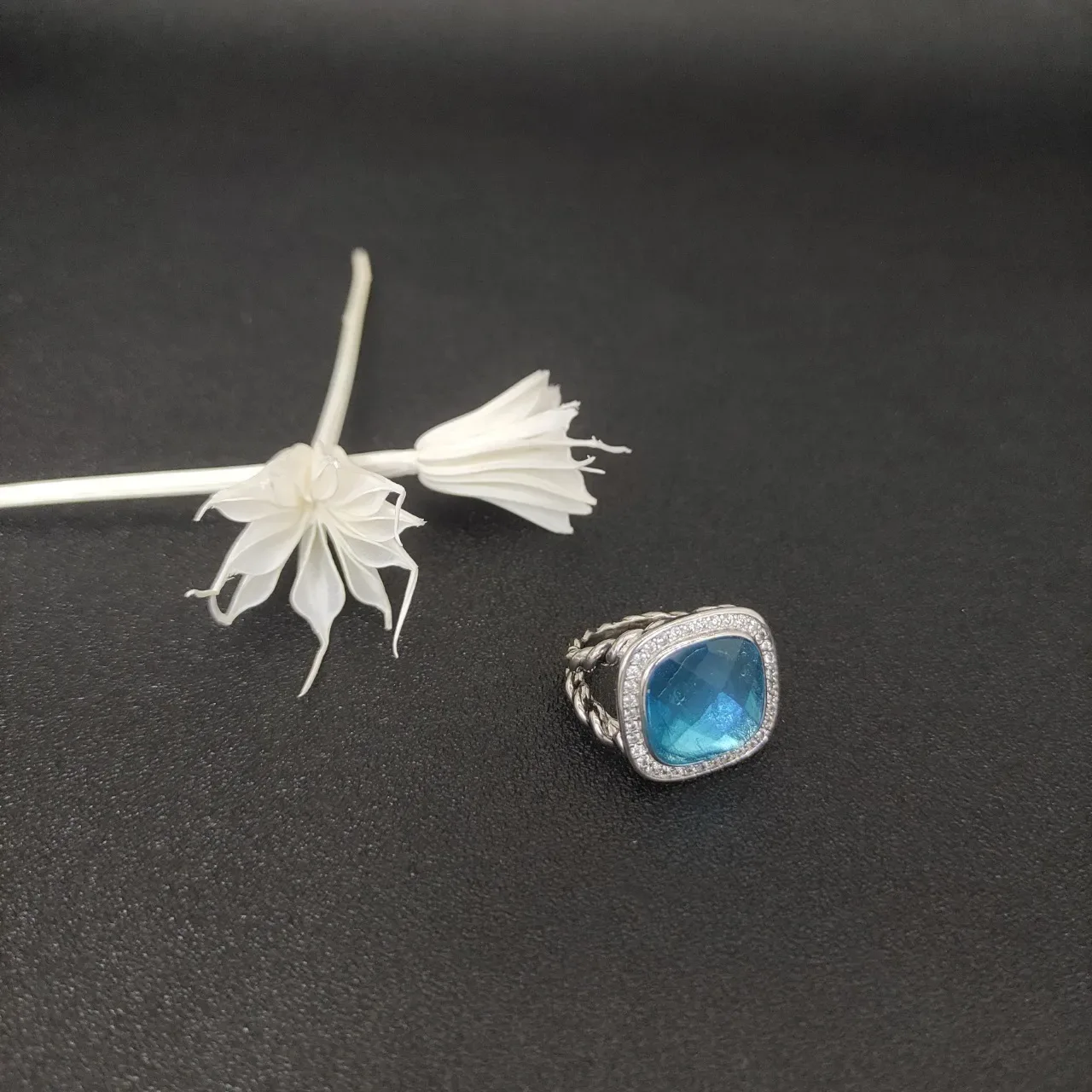 Blue Silver Cushion-Cut Stone Pave Halo Ring 9