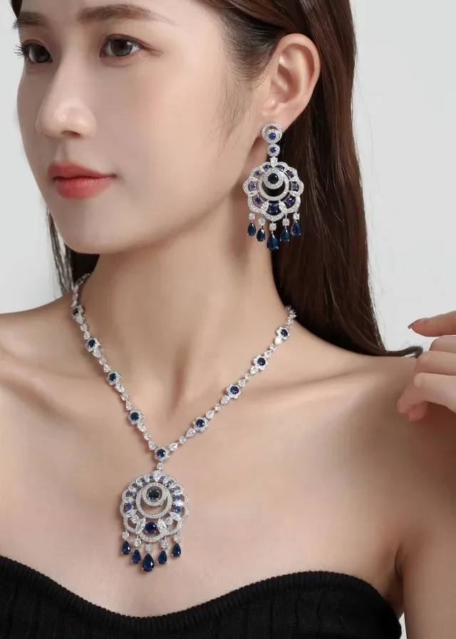 Blue Silver Ornate Chandelier-Style Multi-Tiered Filigree Necklace 7