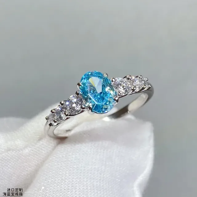 Blue Silver Oval-Cut Central Gemstone Three-Stone Asymmetrical Arrangement Ring 5
