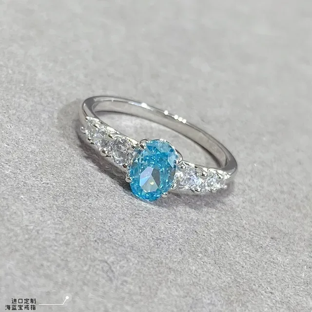 Blue Silver Oval-Cut Central Gemstone Three-Stone Asymmetrical Arrangement Ring 6