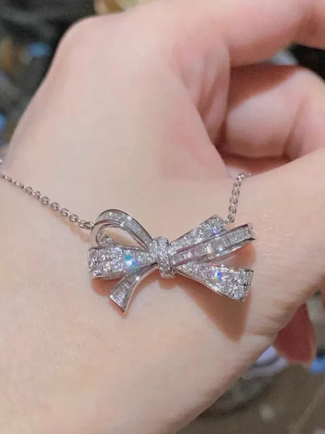 Bow Motif Pavé Crystal Pendant Necklace 2