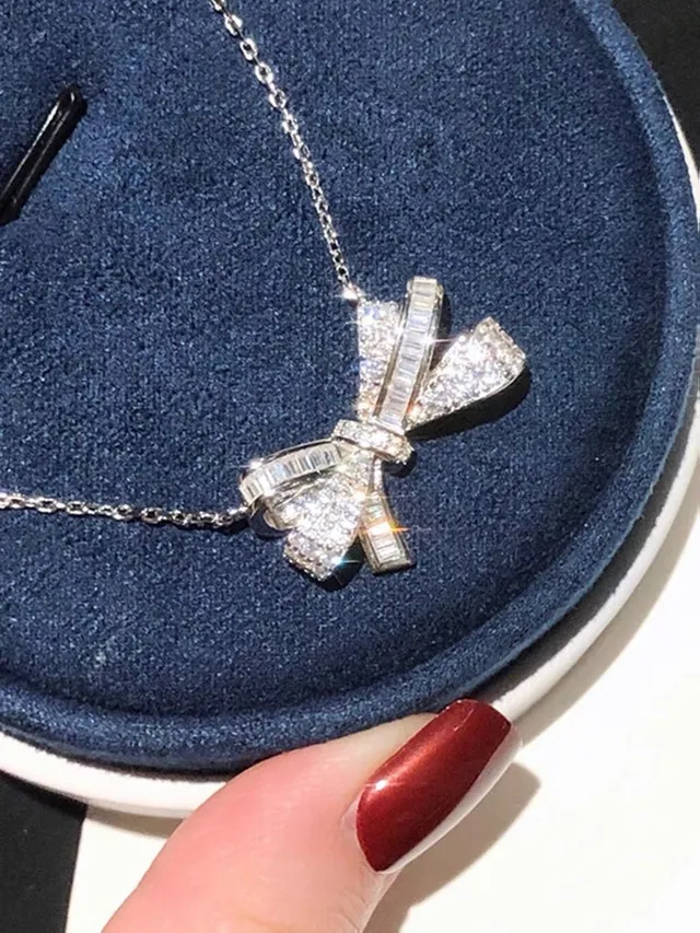 Bow Motif Pavé Crystal Pendant Necklace 4