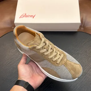 Brioni Tênis Lifestyle Mesh-Suede em Bege e Cinza