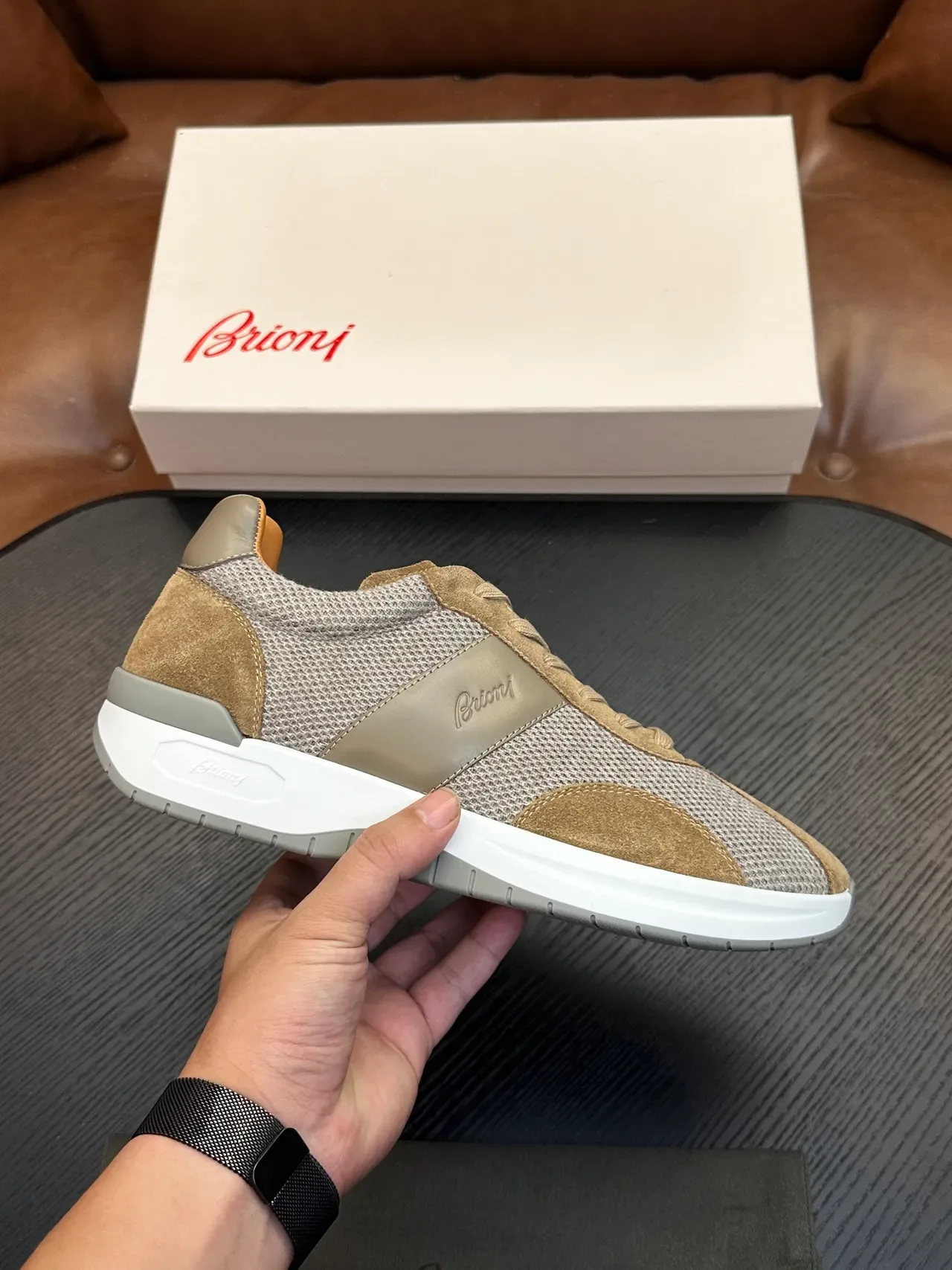 Brioni Beige and Gray Mesh-Suede Lifestyle Sneakers 2