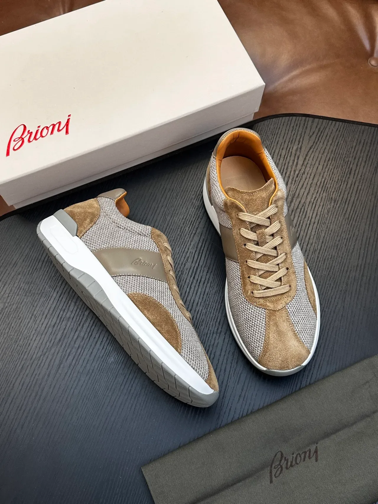 Brioni Beige and Gray Mesh-Suede Lifestyle Sneakers 4