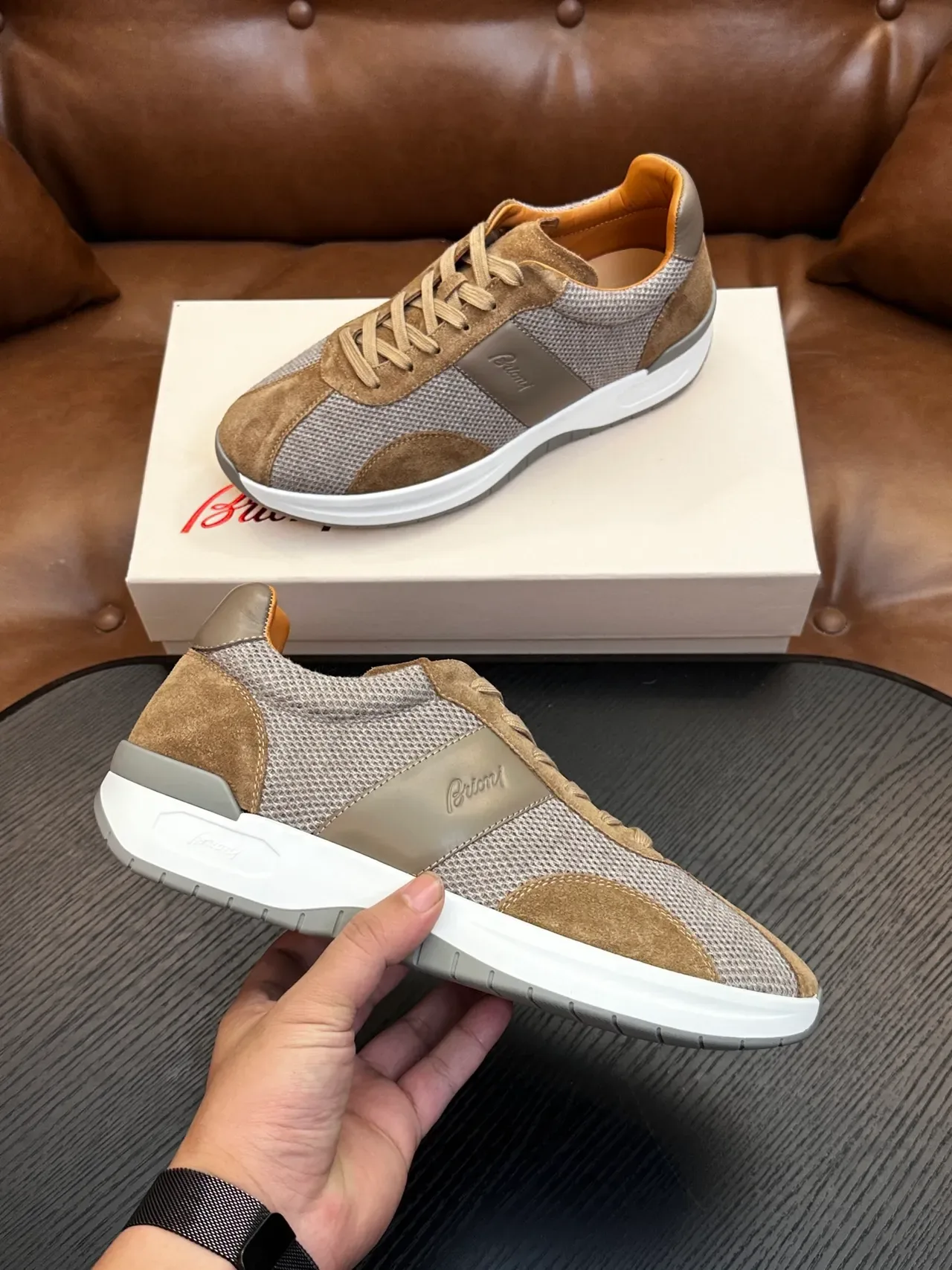 Brioni Beige and Gray Mesh-Suede Lifestyle Sneakers 5