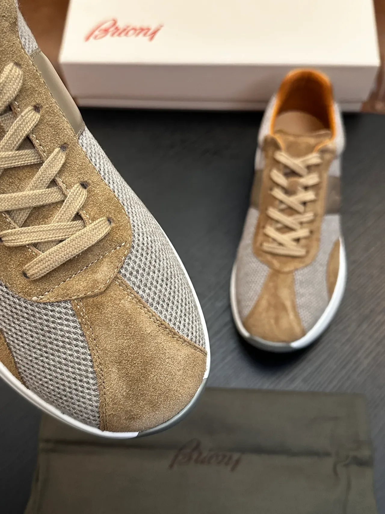 Brioni Beige and Gray Mesh-Suede Lifestyle Sneakers 6