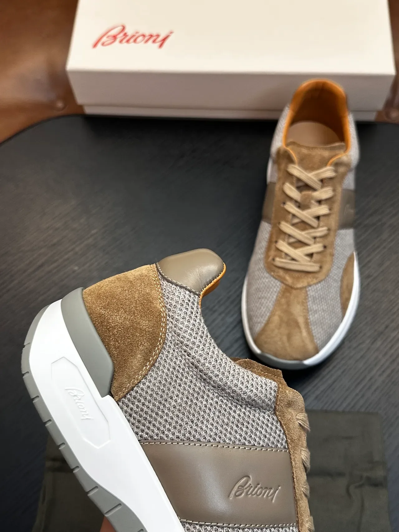 Brioni Beige and Gray Mesh-Suede Lifestyle Sneakers 7
