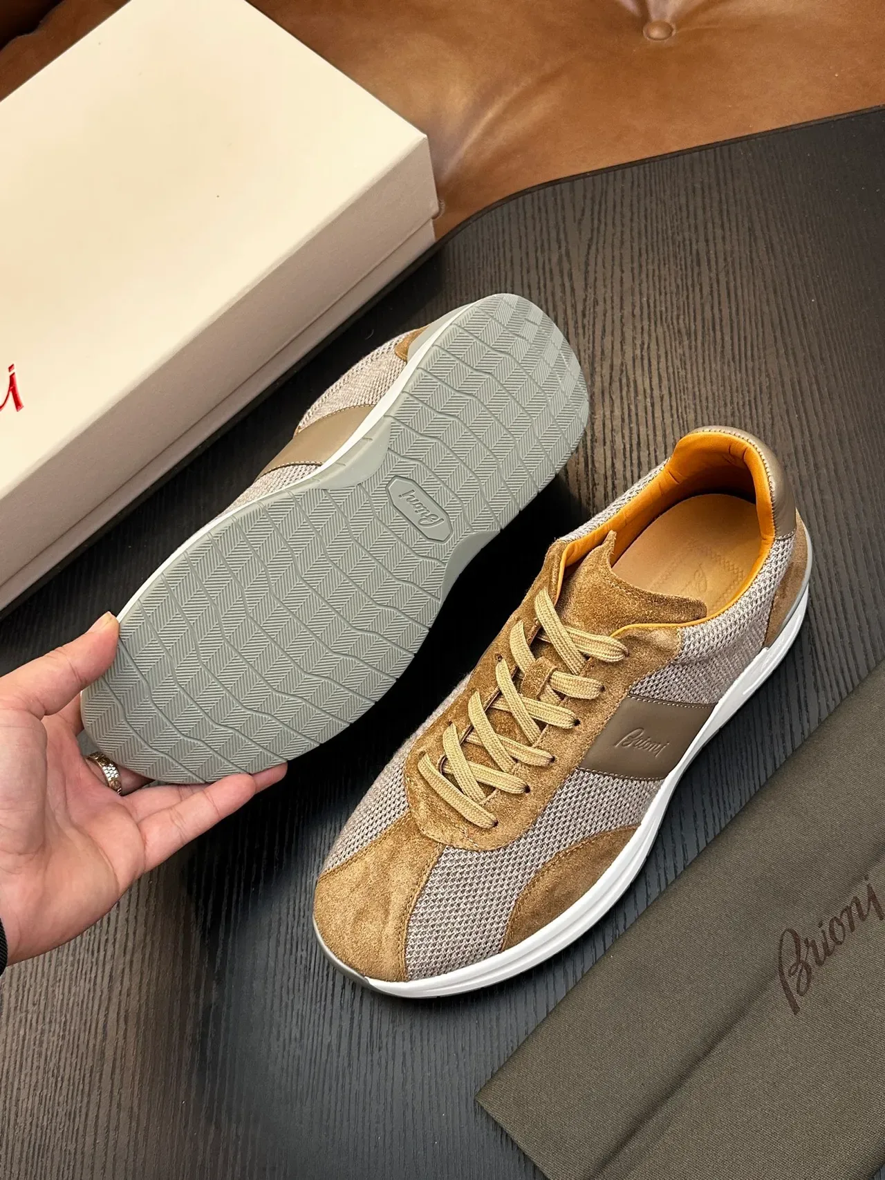 Brioni Beige and Gray Mesh-Suede Lifestyle Sneakers 9