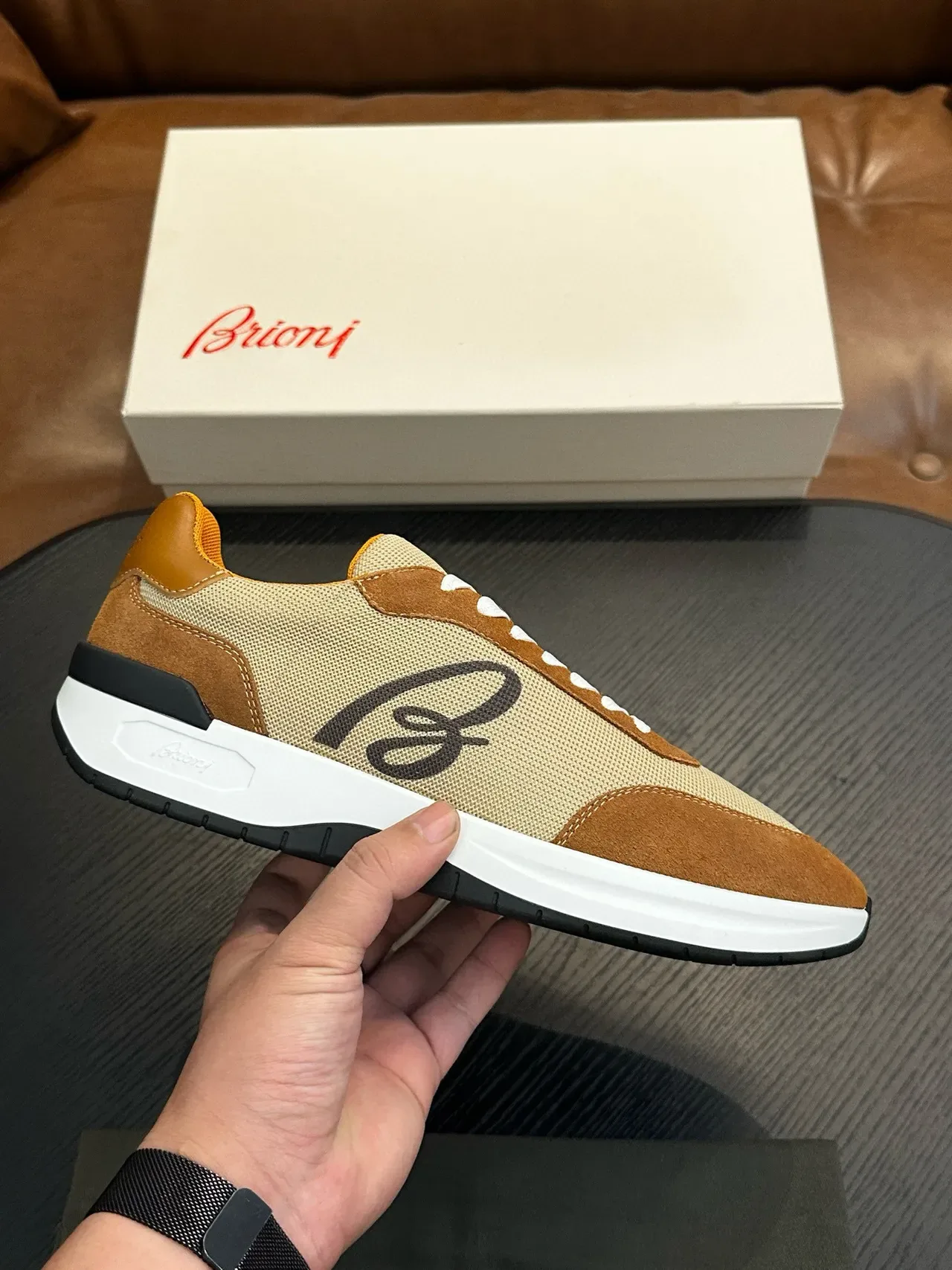 Brioni Beige Brown Mixed-Material Upper Suede And Mesh Construction Sneakers 2
