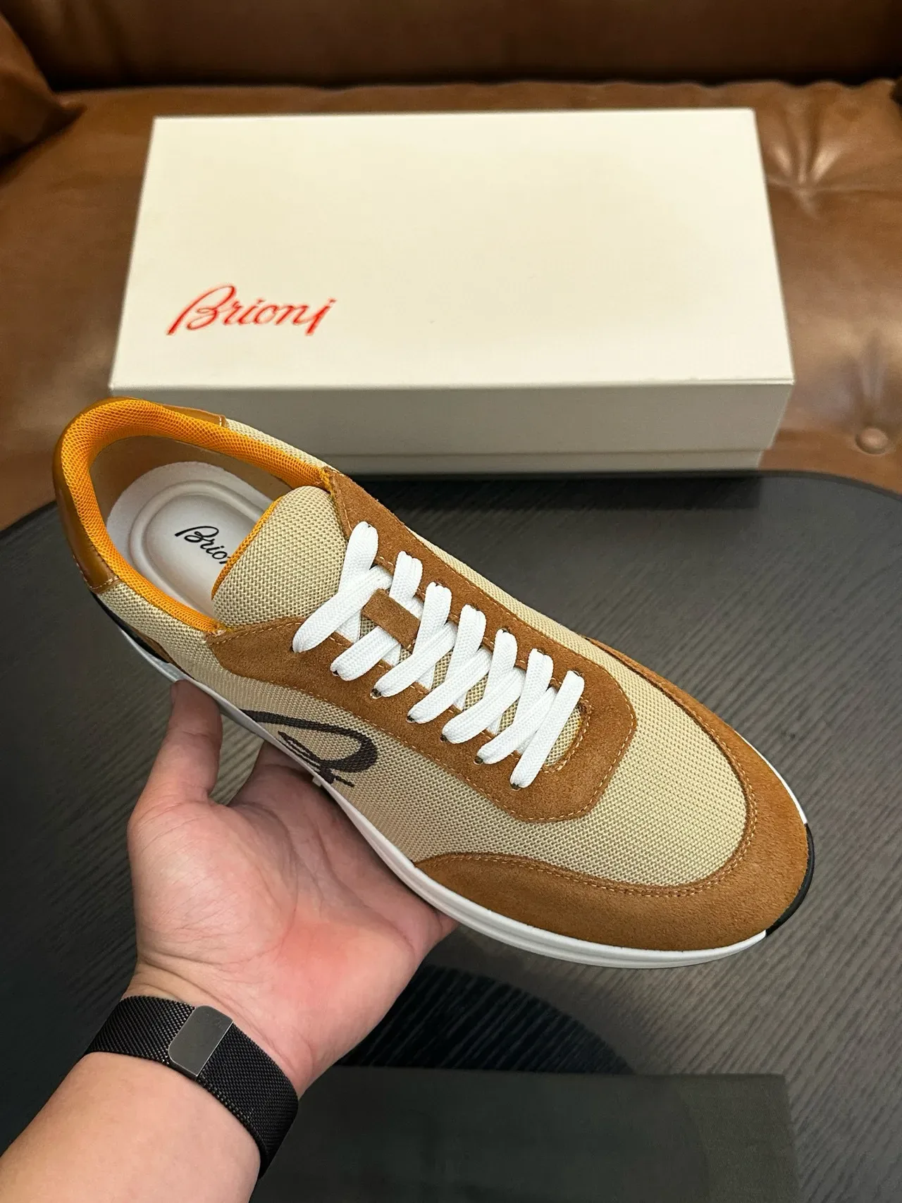 Brioni Beige Brown Mixed-Material Upper Suede And Mesh Construction Sneakers 3