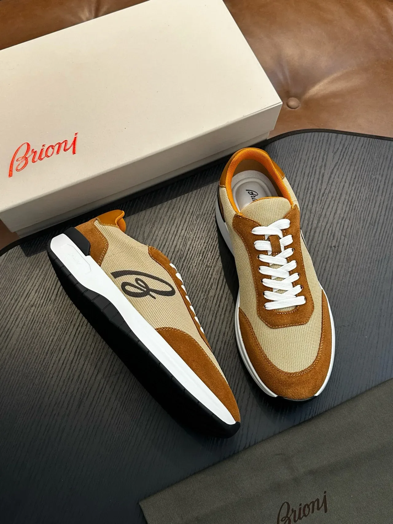 Brioni Beige Brown Mixed-Material Upper Suede And Mesh Construction Sneakers 5